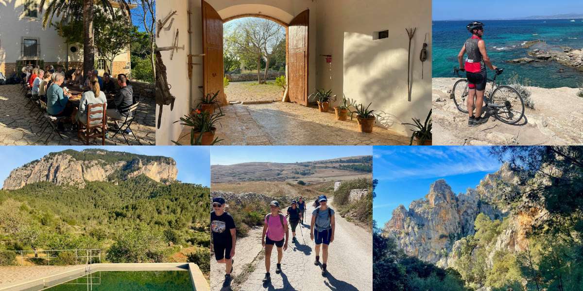 Collage fra kurset Mallorcas køkken og vandring: fælles frokost, finca, cykling og vandring på Mallorca